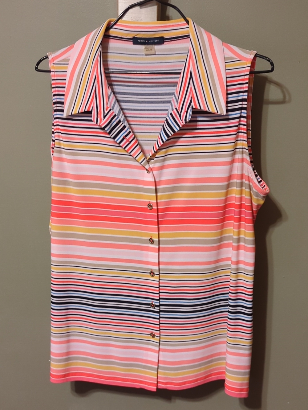 Tommy Hilfiger Coral, Pink & Navy Striped Sleeveless Button-Front Shirt